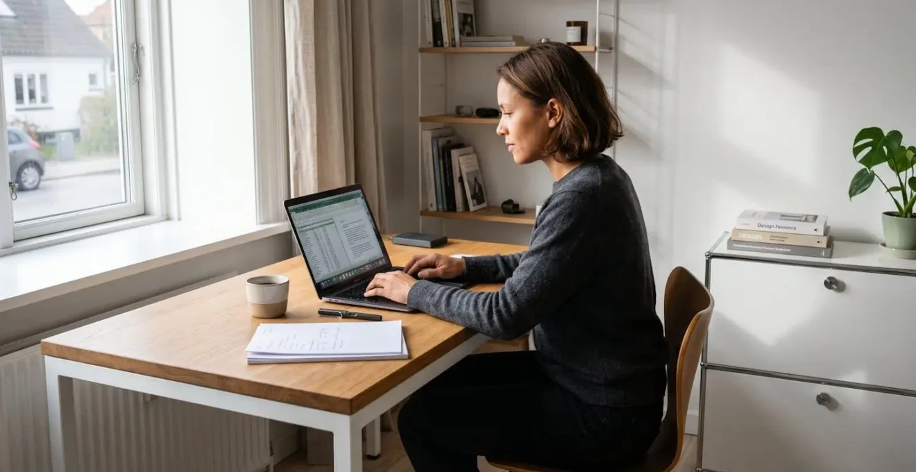 Freelance travaillant sereinement à un bureau contemporain organisé dans une lumière naturelle douce