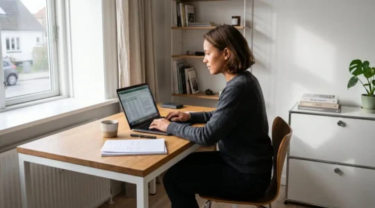 Freelance travaillant sereinement à un bureau contemporain organisé dans une lumière naturelle douce