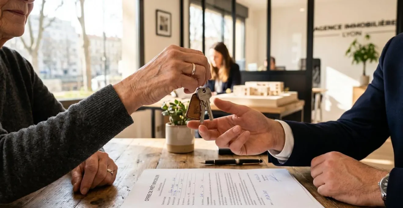Remise de clés lors d'une transaction immobilière, contrat de prêt immobilier visible sur la table