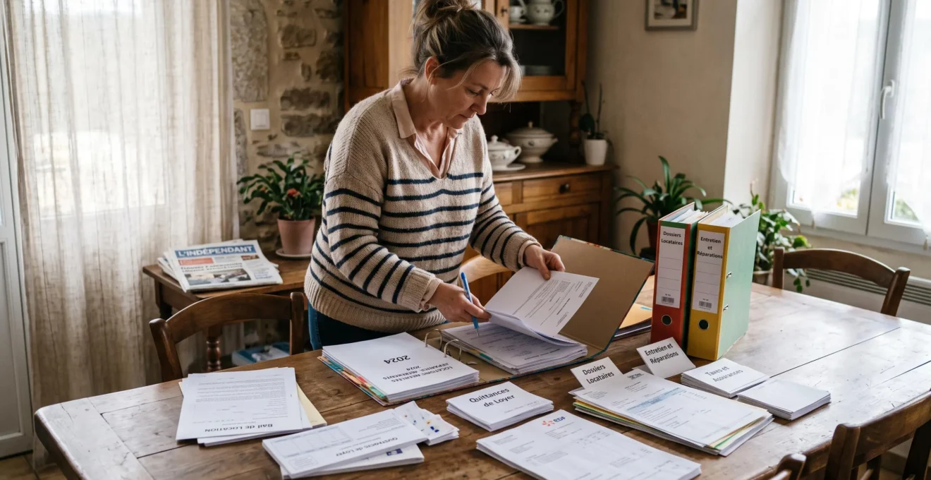 Propriétaire organisant et classant des documents de gestion locative debout près d'une table à domicile avec lumière naturelle