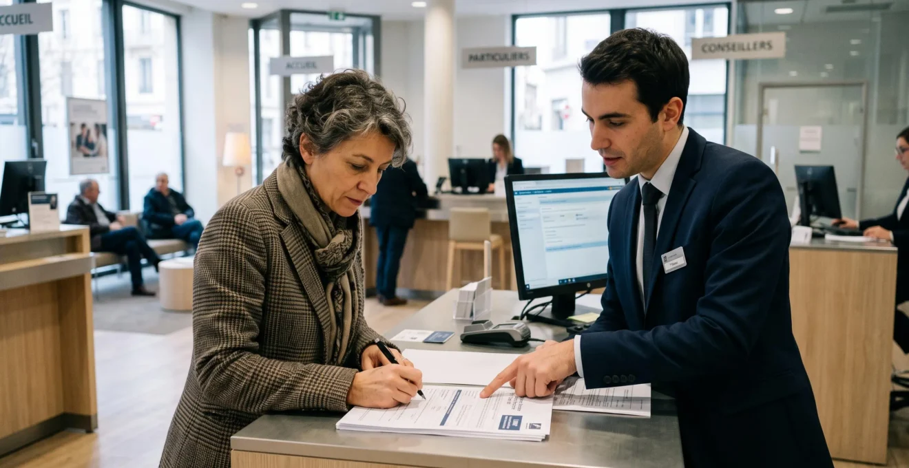 Propriétaire signant des documents d'ouverture de compte bancaire avec un conseiller au comptoir d'une agence bancaire française