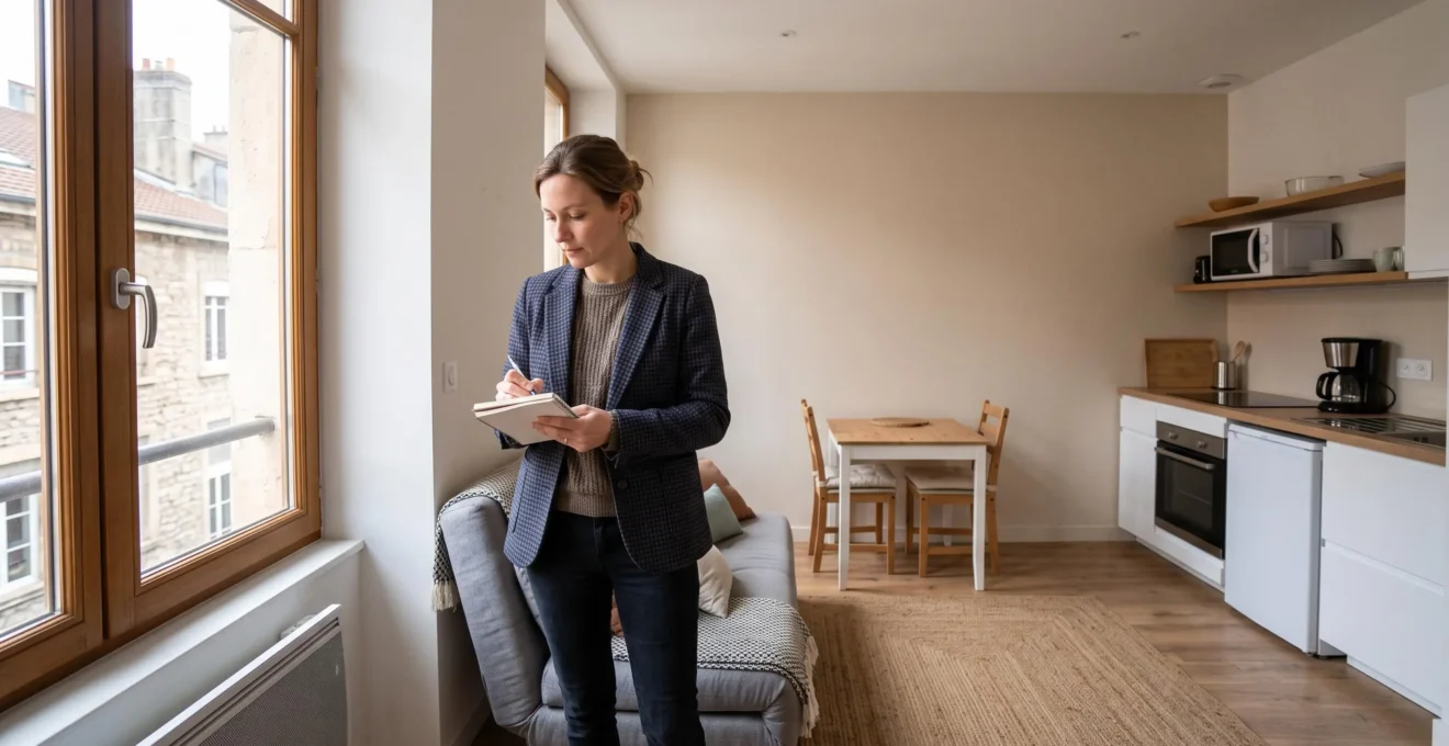 Propriétaire inspectant son studio meublé, debout dans un espace de vie moderne et lumineux avec canapé, cuisine équipée et table