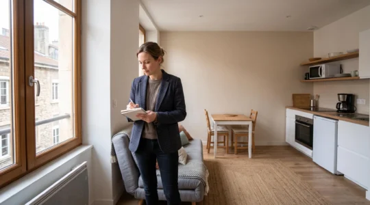Propriétaire inspectant son studio meublé, debout dans un espace de vie moderne et lumineux avec canapé, cuisine équipée et table