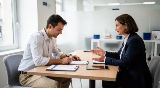 Entrepreneur en rendez-vous avec un conseiller bancaire dans une agence pour l'ouverture d'un compte professionnel