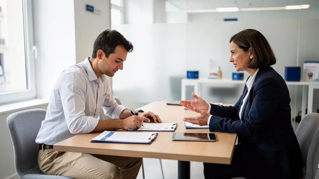 Entrepreneur en rendez-vous avec un conseiller bancaire dans une agence pour l'ouverture d'un compte professionnel