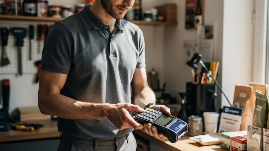 Entrepreneur utilisant un terminal de paiement professionnel relié à son nouveau compte bancaire SASU ou EURL
